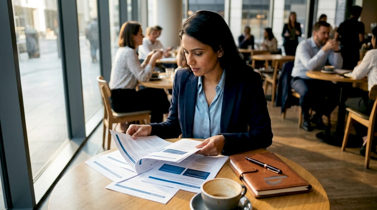 Analyst reviewing banking platform features at desk