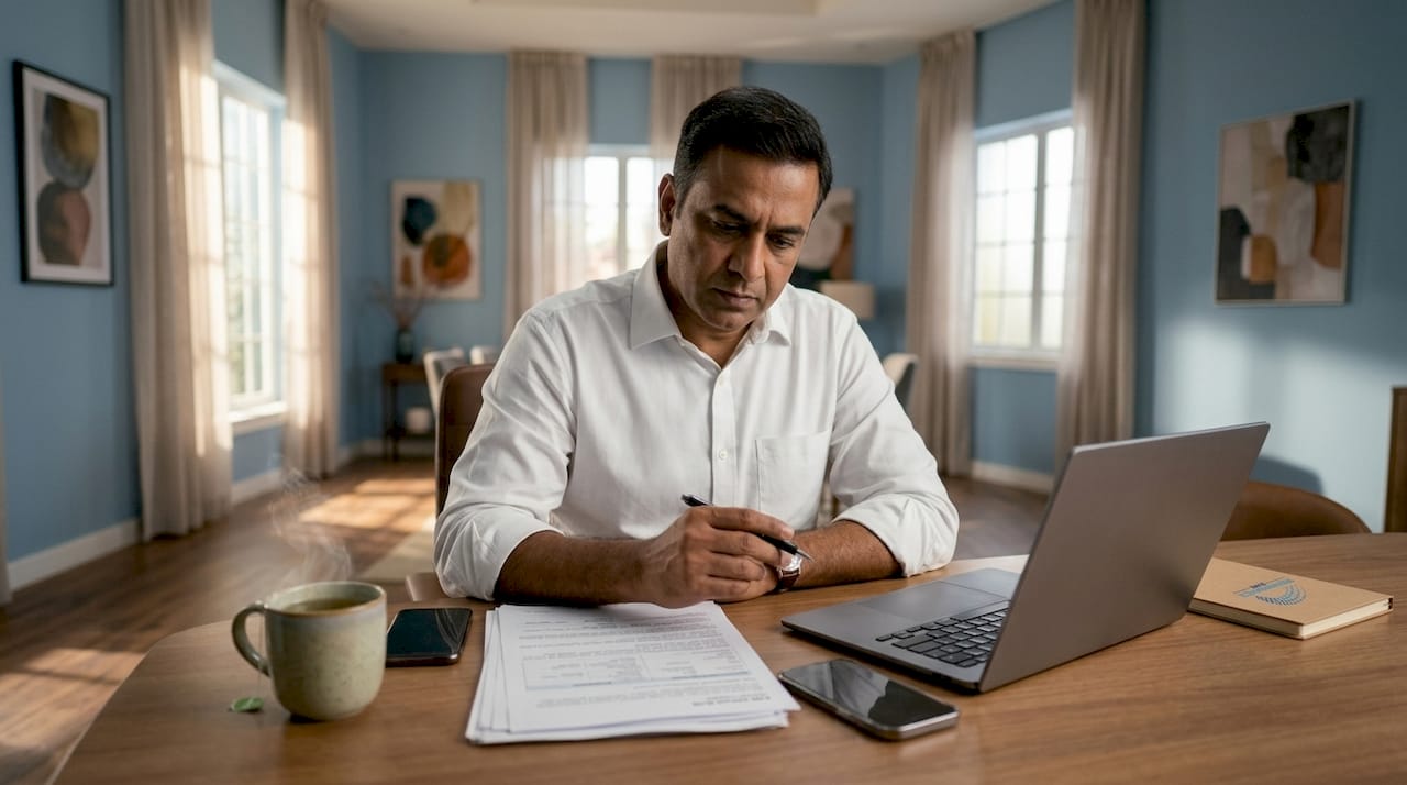 Professional reviewing compliance documents at desk