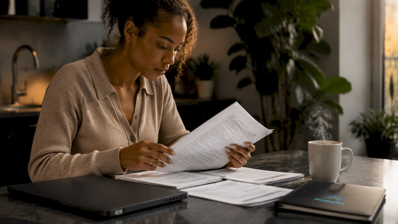 Woman reading e-banking privacy documents at desk