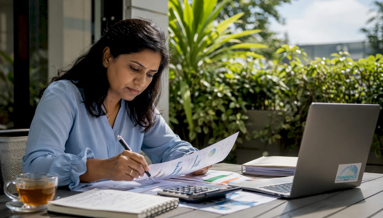 Investor reviewing offshore investment documents at desk