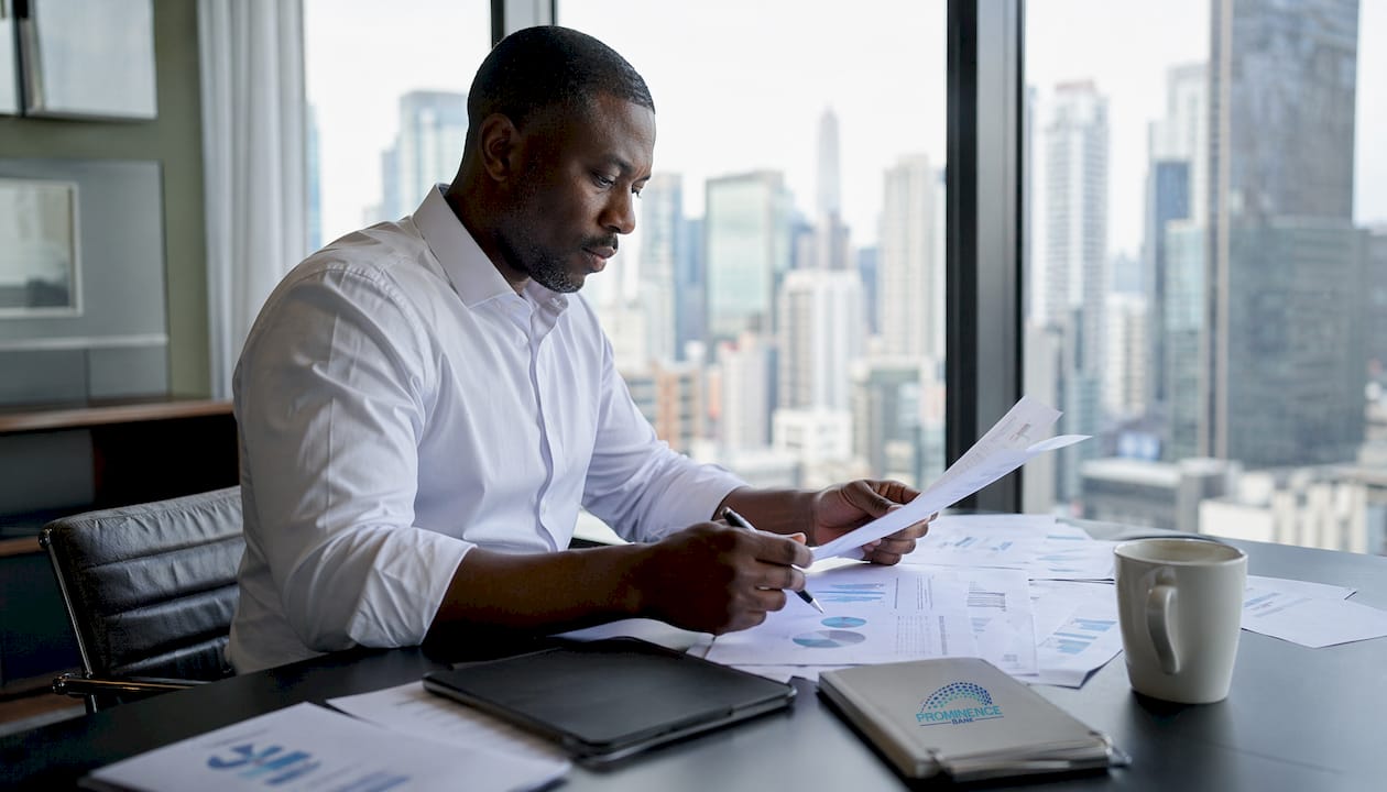 Financial analyst reviewing tax documents at desk