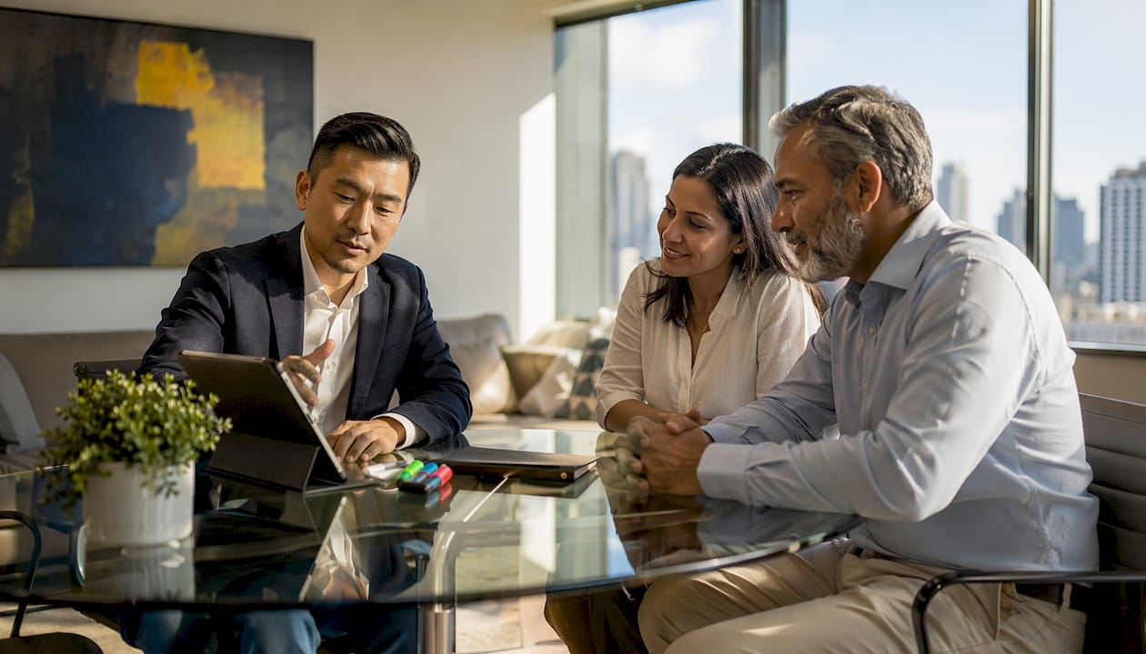 Financial advisor consulting clients on bank accounts