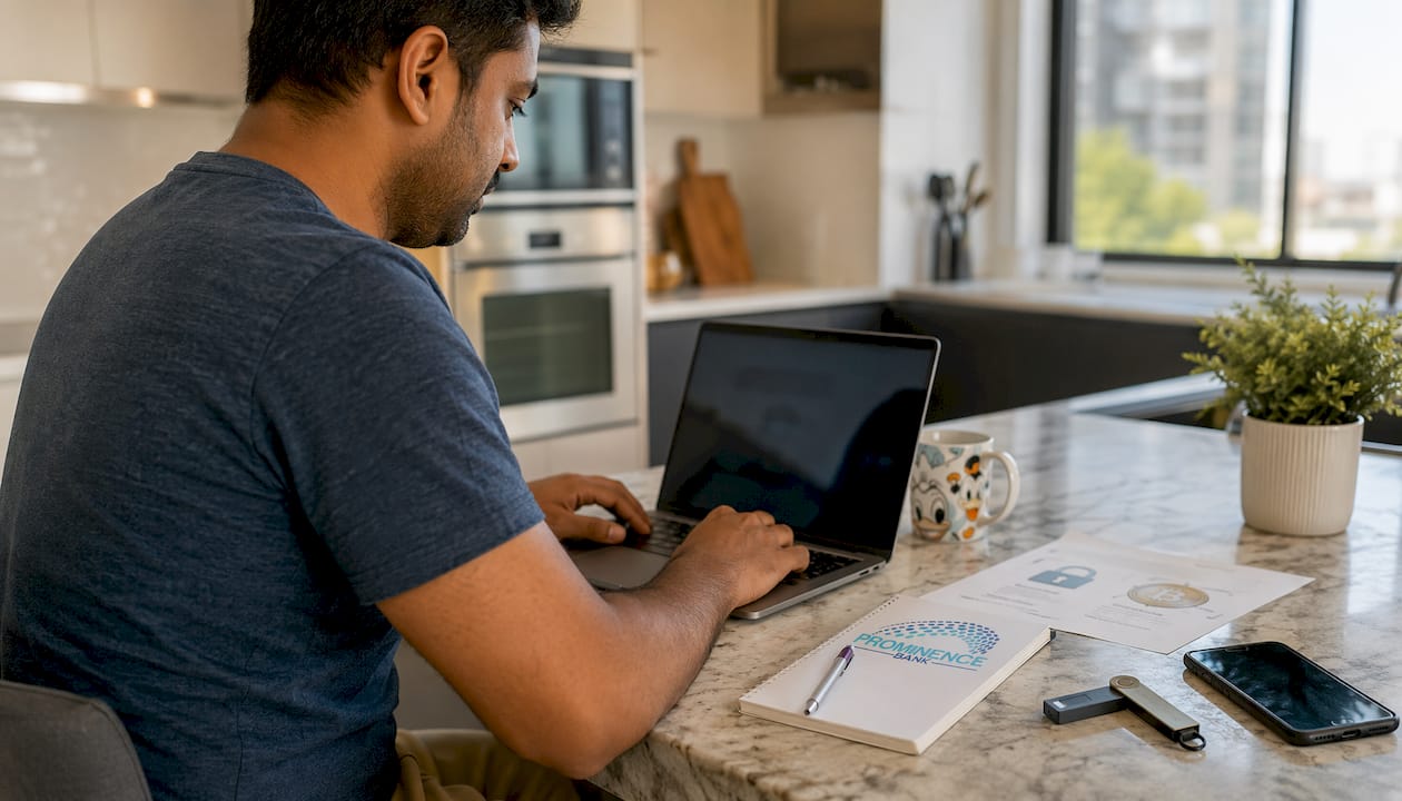 Man working with hot and cold crypto wallets at home desk
