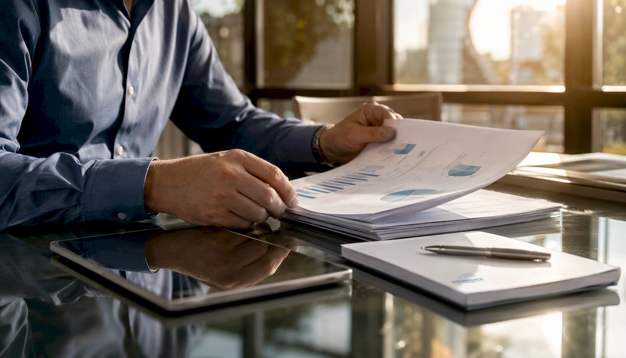 Advisor hands reviewing printed portfolio report