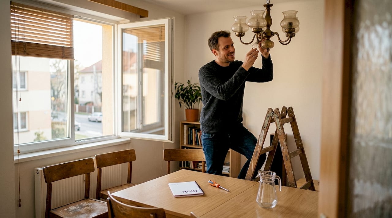 Pán doma mění žárovku.