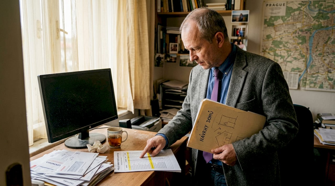 Muž si doma u pracovního stolu chystá podklady k hypotéce.