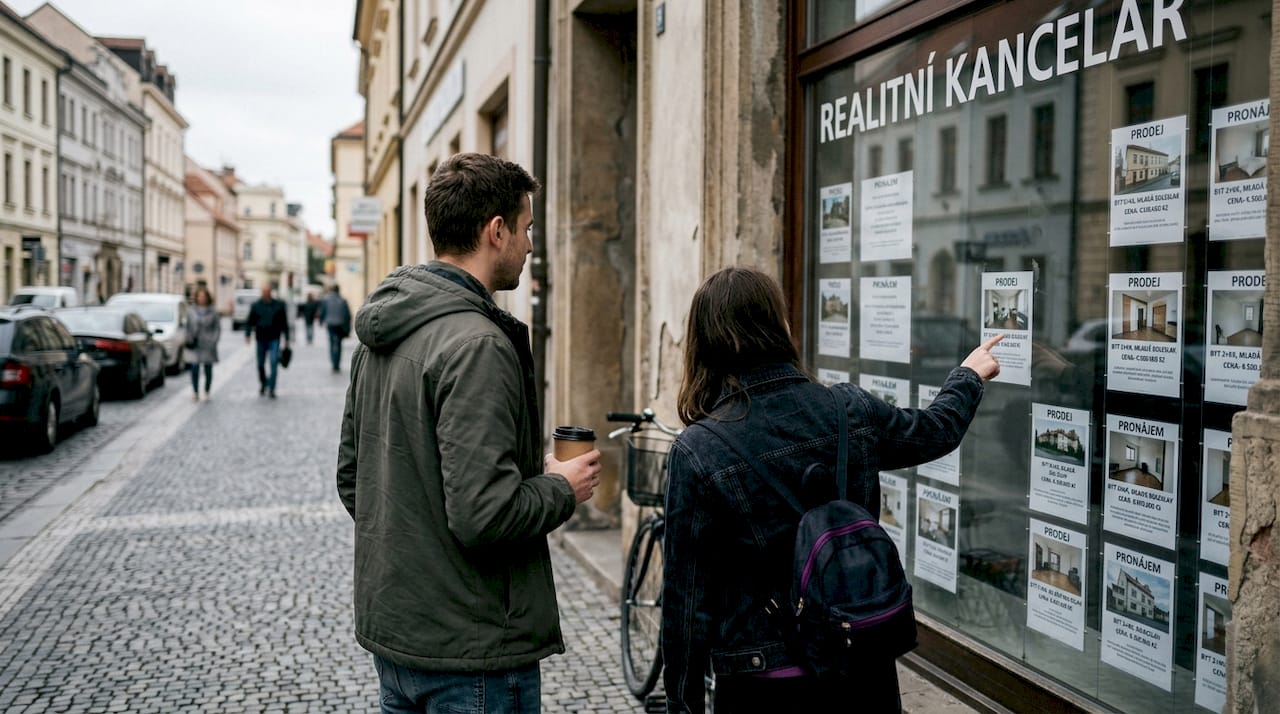 Mladý pár si prohlíží nabídky nemovitostí ve výloze realitní kanceláře na ulici.