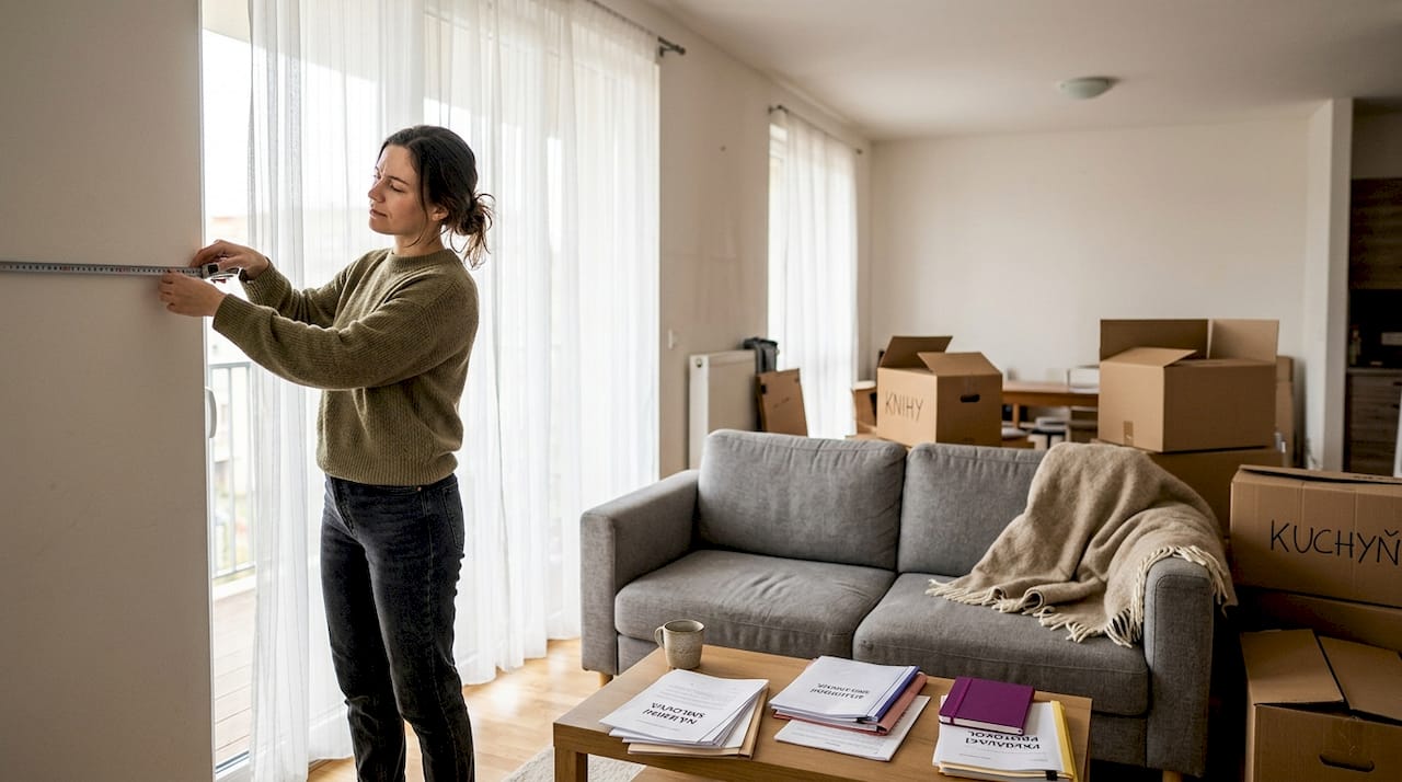 Zaměřování stěny ve světlém obývacím pokoji