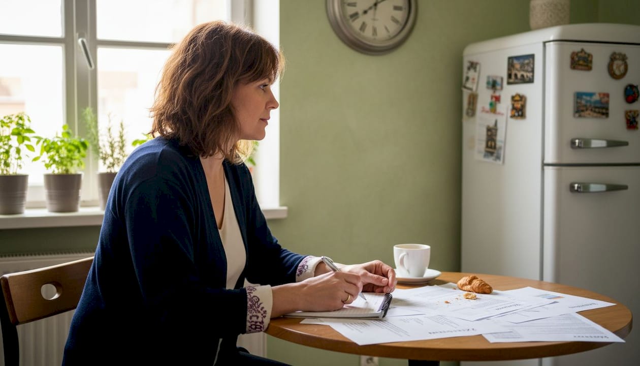 U kuchyňského stolu si žena prohlíží nabídky hypoték a přemýšlí, která bude pro její domácnost nejvýhodnější.