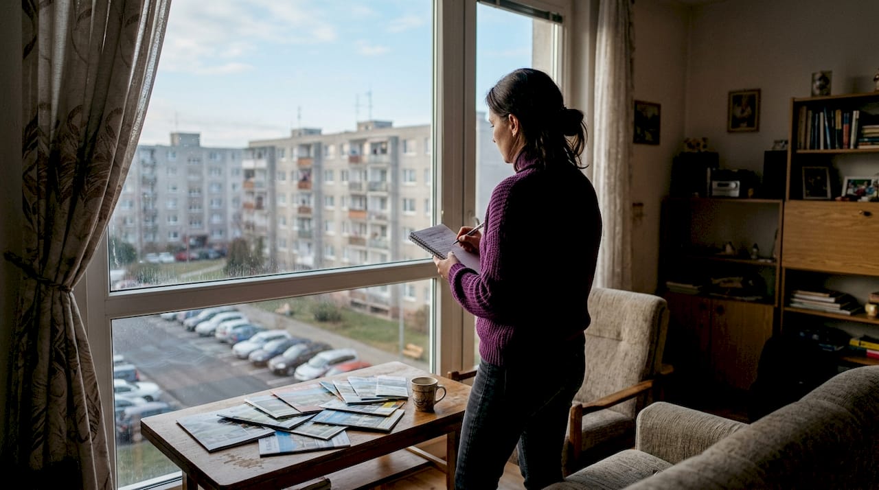 Žena si zapisuje poznámky s výhledem na paneláky v Mladé Boleslavi.