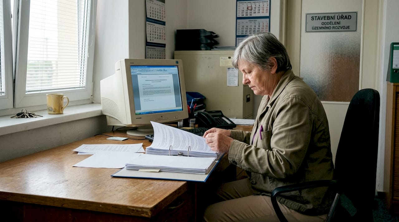 Paní na úřadě právě zpracovává potřebné papíry ke stavbě.
