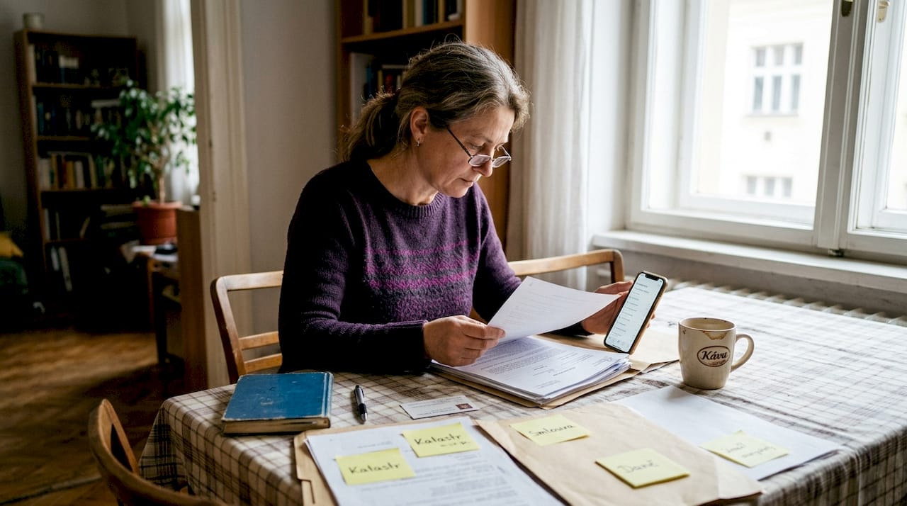 Majitel domu si třídí podklady k dražbě nemovitosti.