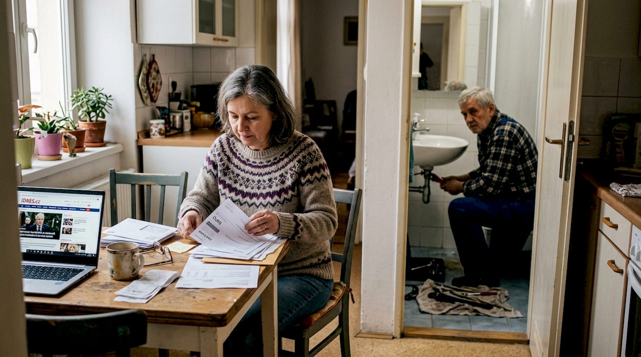 Zatímco žena doma třídí účty a řeší papíry, muž opravuje kapající kohoutek v kuchyni.