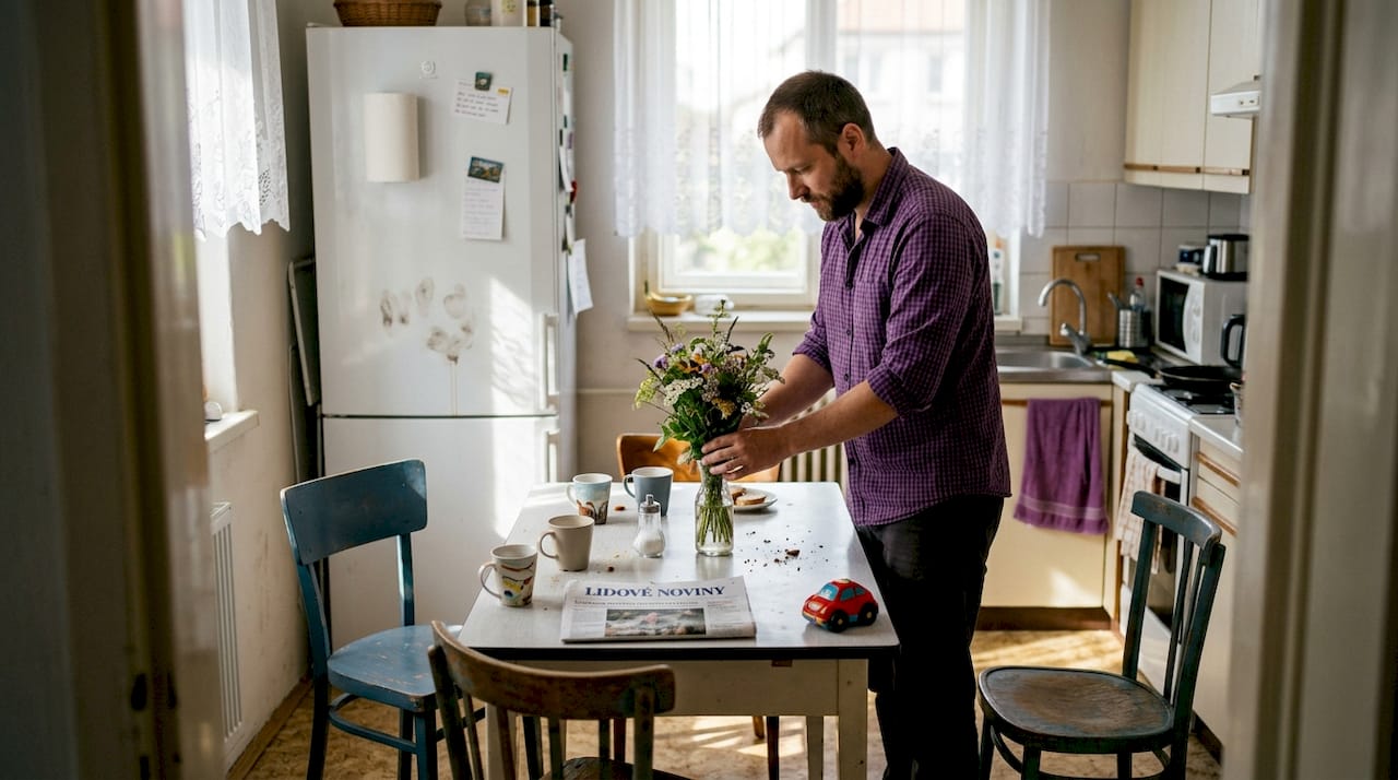 Muž uklízí kuchyň, aby vypadala co nejlépe na fotkách pro inzerci nemovitosti.