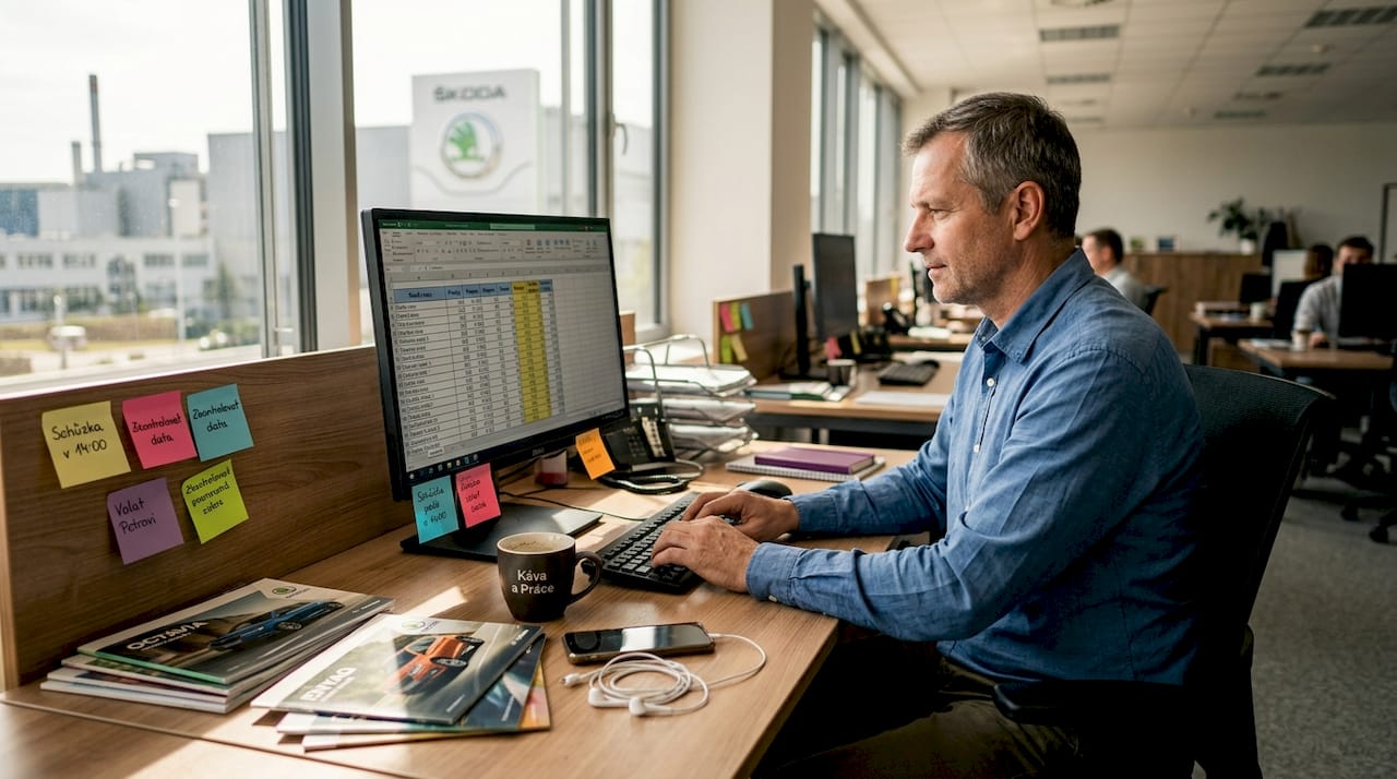 Administrativní pracovník právě aktualizuje dokumenty v kanceláři poblíž závodu Škoda.