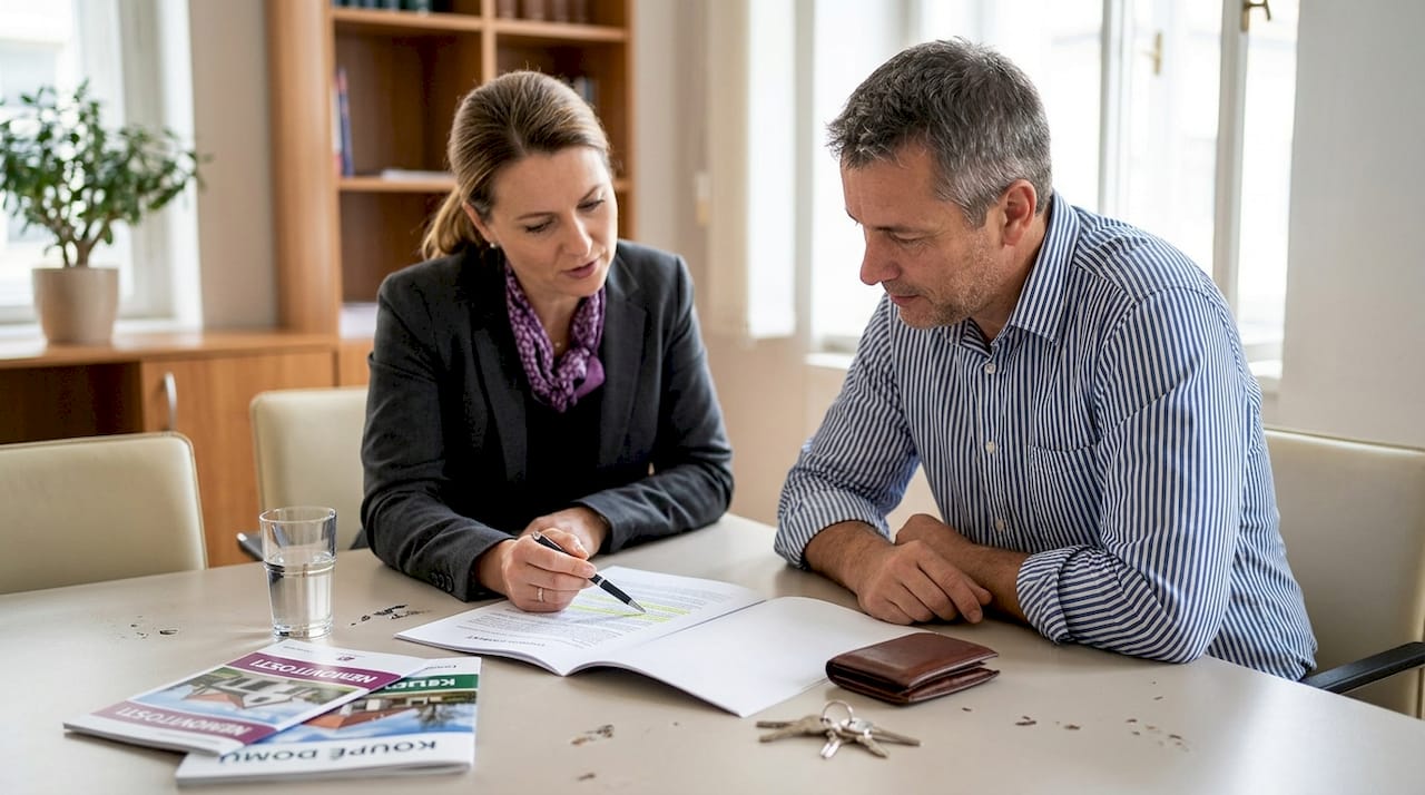 Klient se radí s právníkem specializujícím se na nemovitosti přímo v jeho kanceláři.