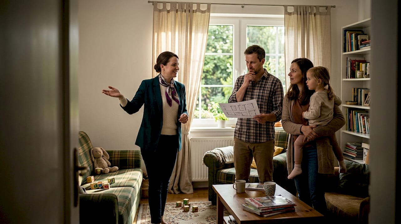 Realitní makléř provází rodinu po útulném domě, ve kterém už někdo žil.