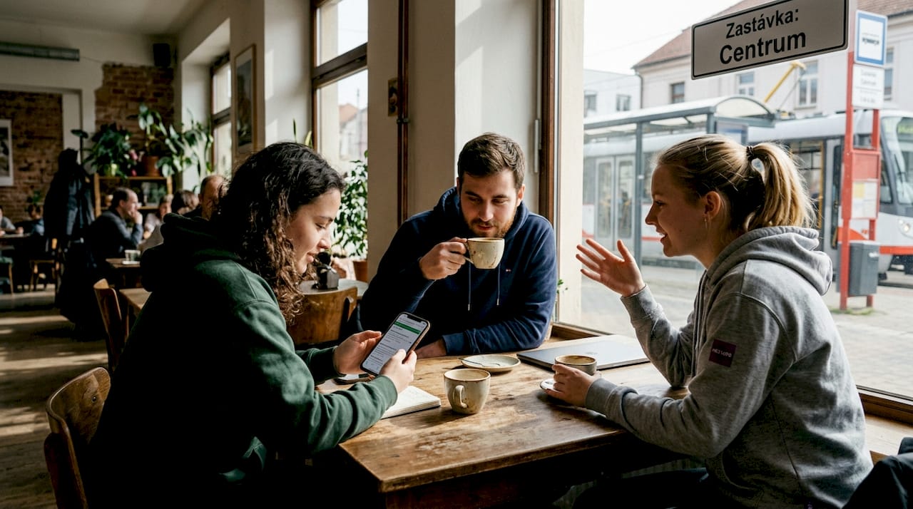 Parta mladých sedí v kavárně a povídá si o bydlení.