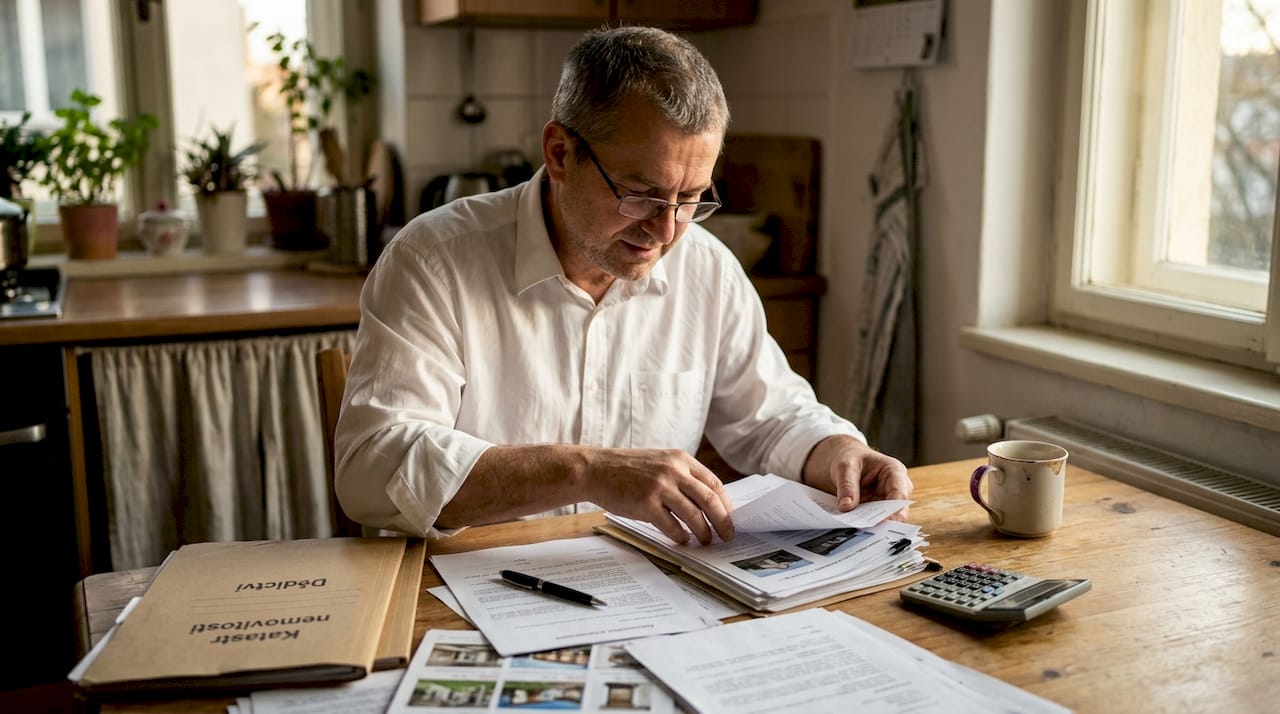 Muž sedí u kuchyňského stolu a probírá se dědickými papíry.