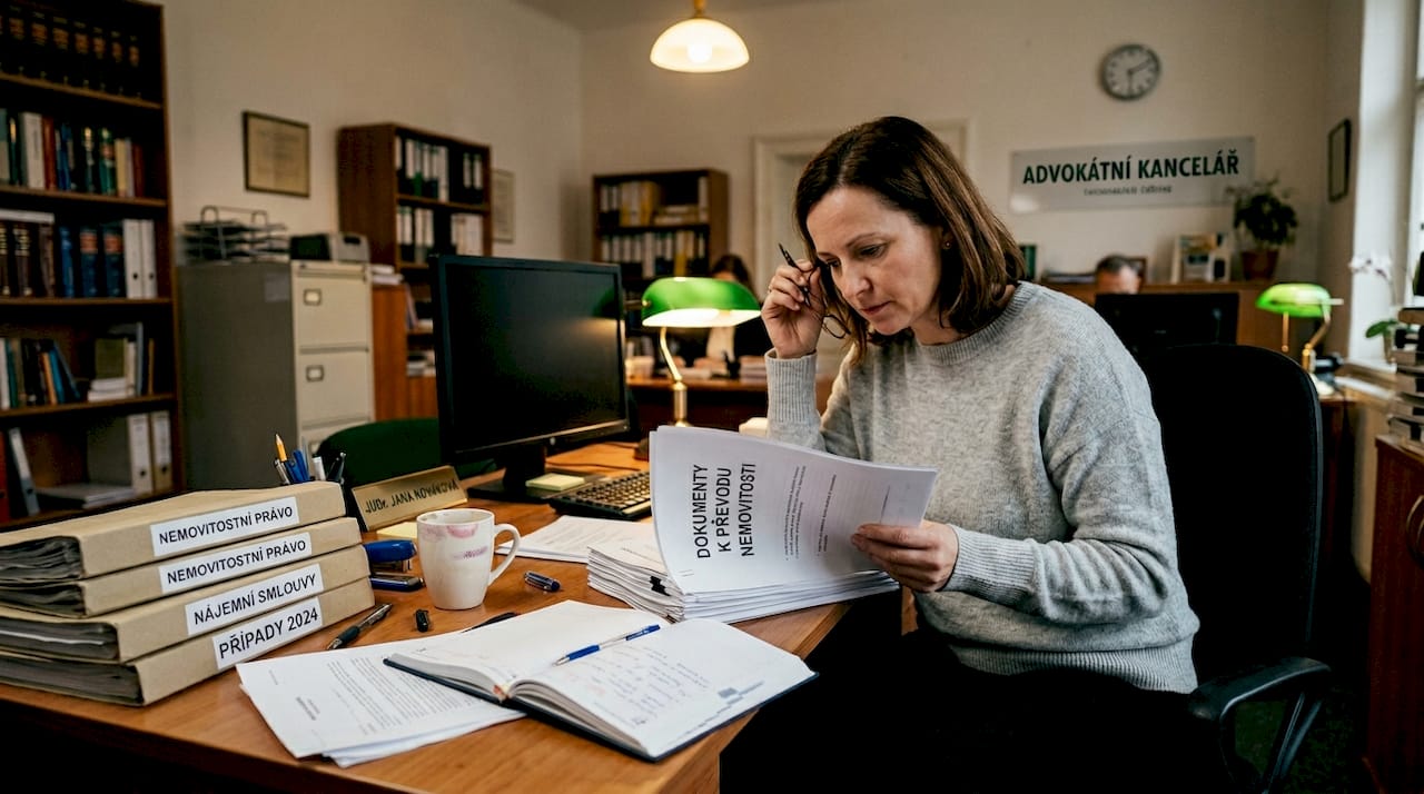 Advokátka si pečlivě prochází smlouvy týkající se bytu.