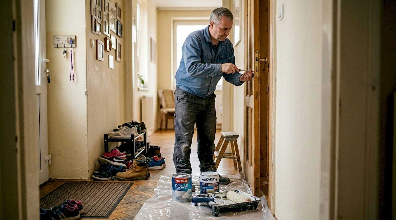 Muž drobnými opravami v bytě připravuje nemovitost na prodej.