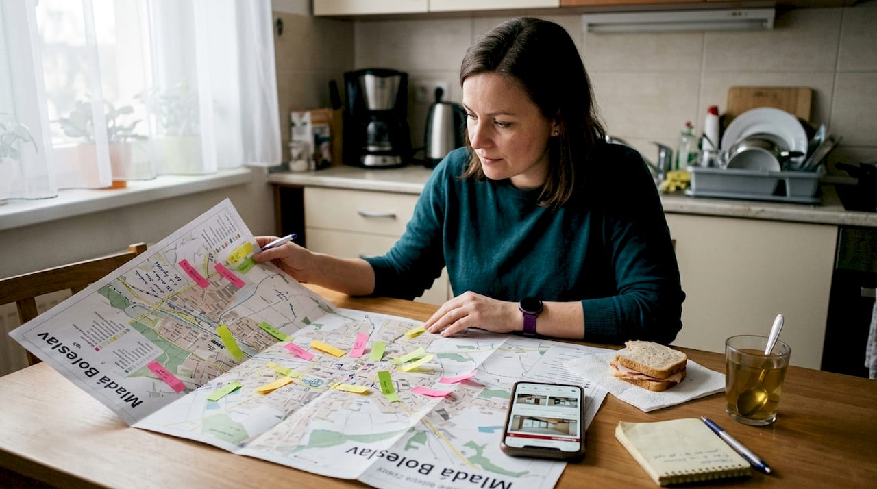 Investor seděl u kuchyňského stolu a pečlivě zkoumal plán města.