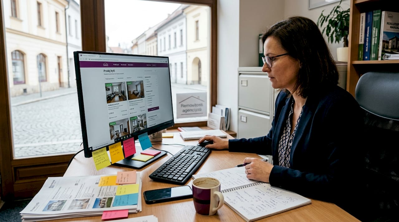 Realitní makléř si prochází aktuální informace o trhu s nemovitostmi.