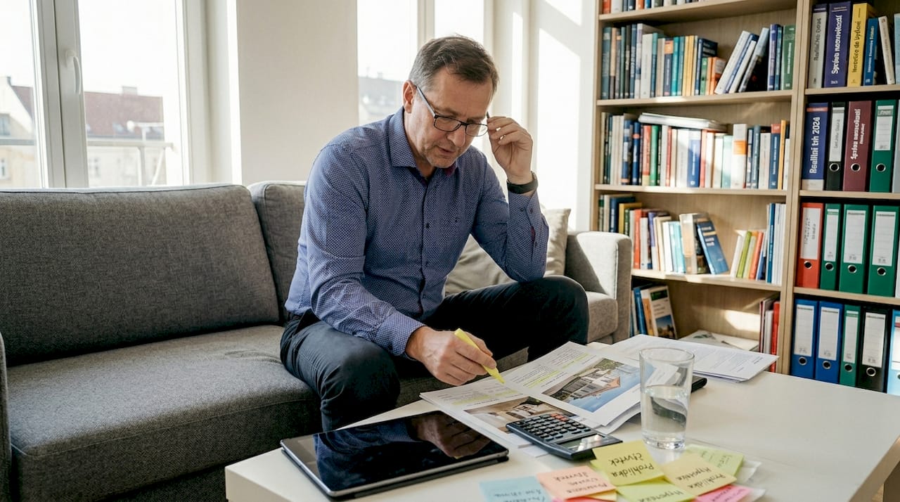 Investor si doma pečlivě pročítá dokumenty k nemovitostem.