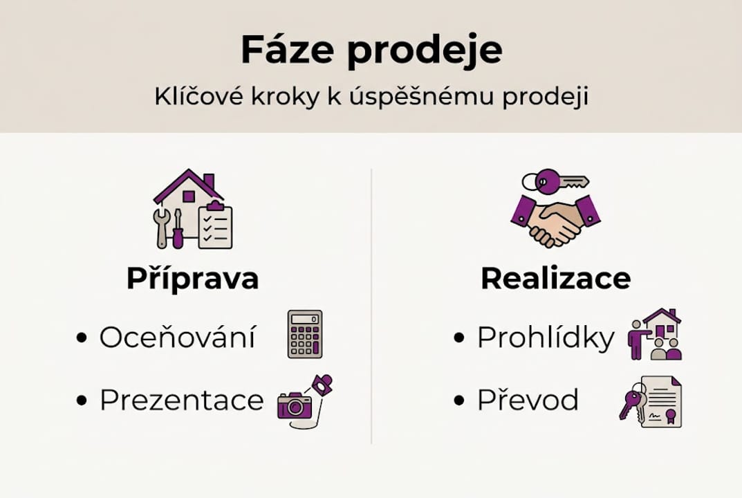 Přehledná infografika, která krok za krokem ukazuje průběh prodeje nemovitosti