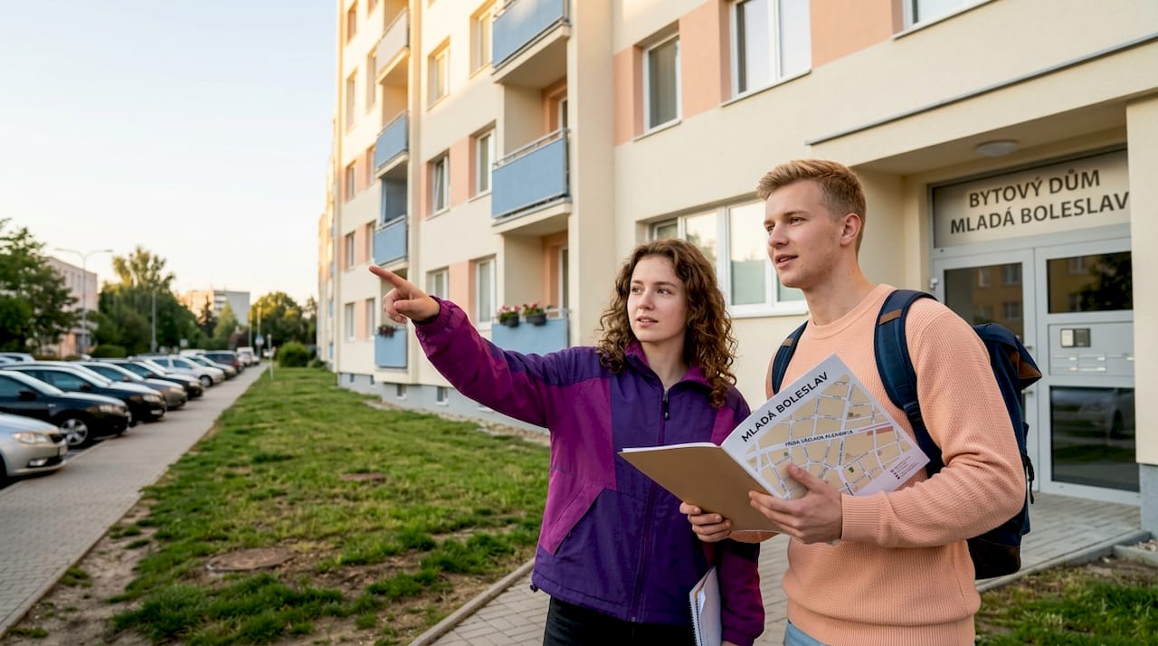 Před panelákem se baví dva sousedé.
