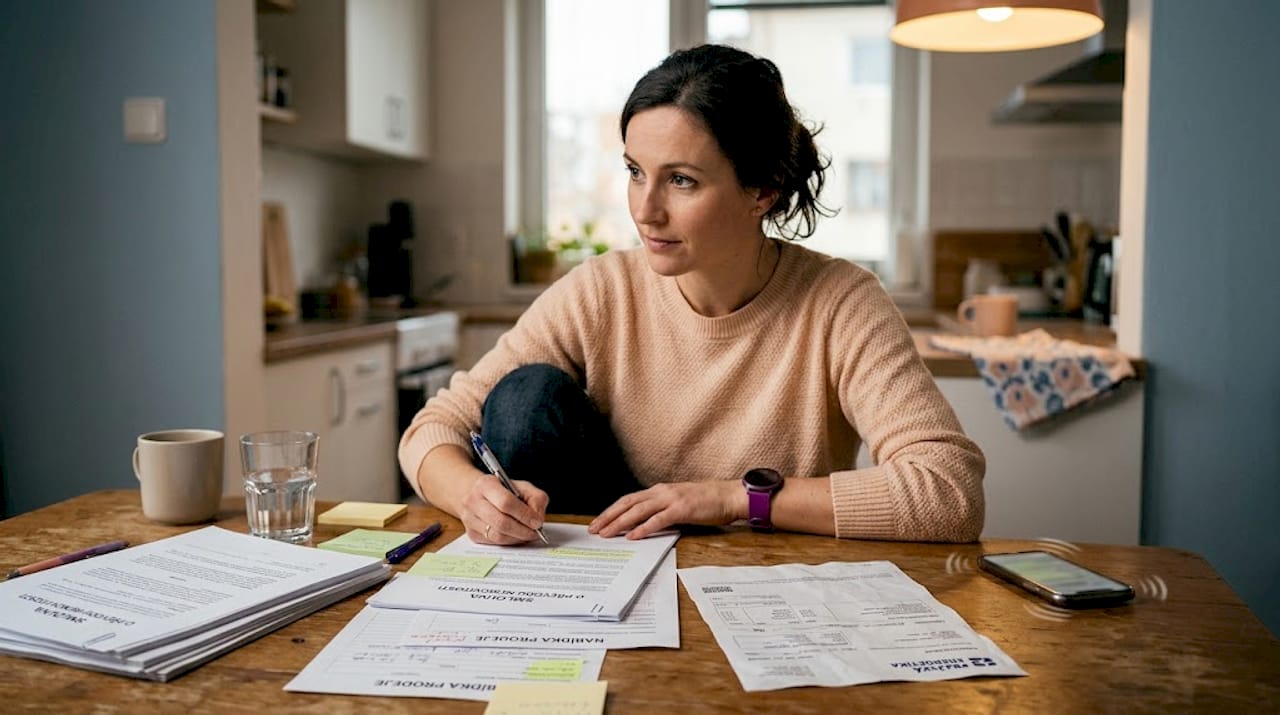 Majitel domu si u kuchyňského stolu pečlivě prochází důležité dokumenty.