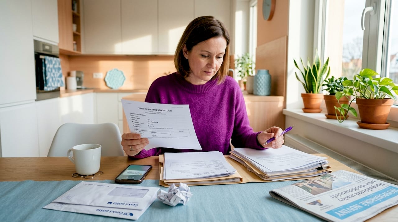 Žena si připravuje podklady potřebné k prodeji pozemku.
