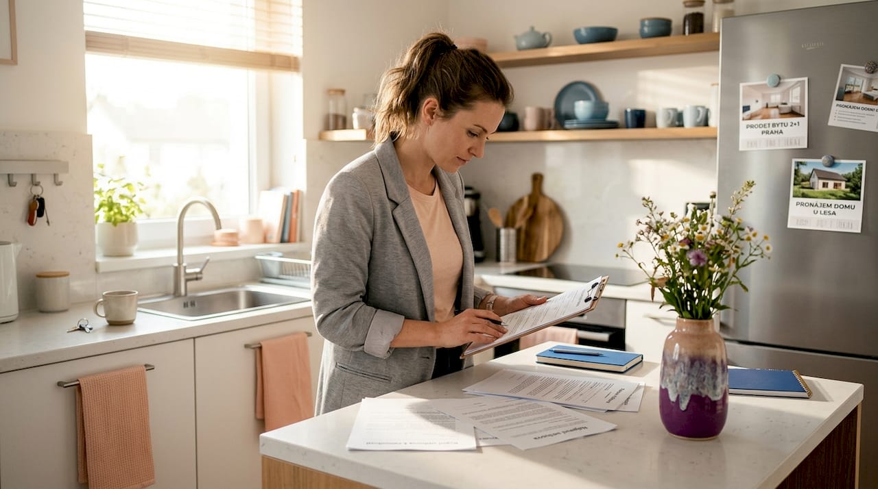 Makléř si prochází dokumenty u kuchyňského stolu v útulné domácí kuchyni.