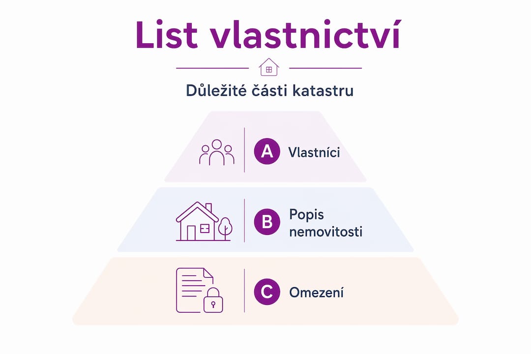 Přehledná infografika s hlavními částmi listu vlastnictví