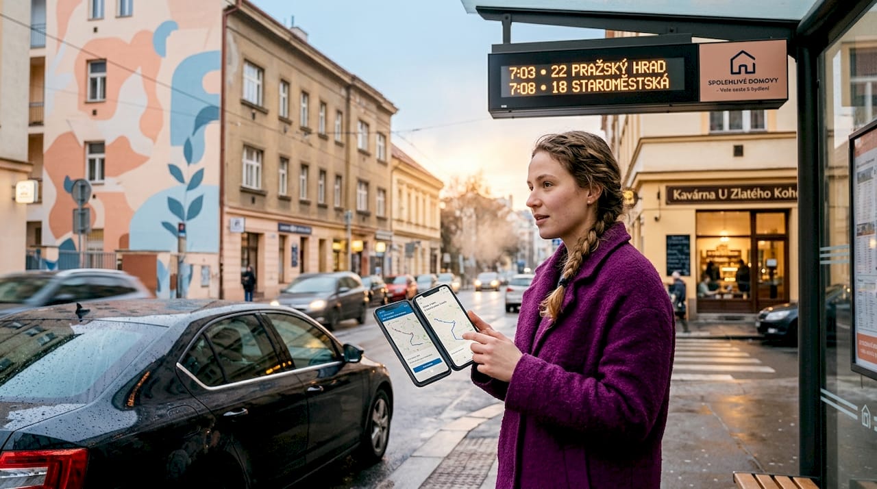 Žena si na telefonu hledá, jak se nejlépe dostat městskou hromadnou dopravou do jiné části města.