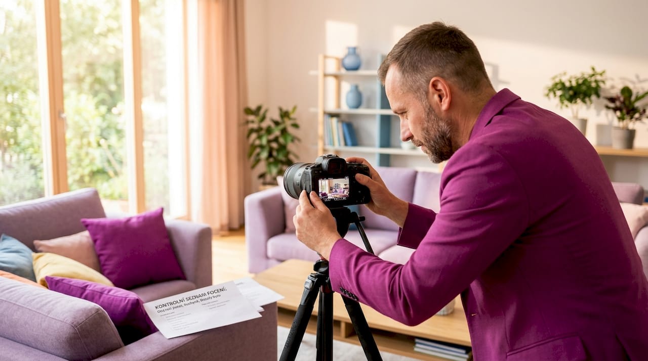 Fotograf chystá byt na focení, aby vypadal co nejlépe do realitního inzerátu.