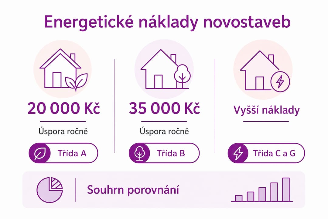 Přehledná infografika ukazuje, jak se liší náklady na energie u nových domů podle energetické třídy.