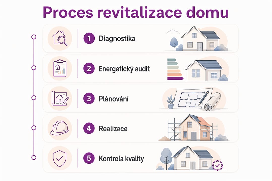 Přehledný obrázek, který krok za krokem ukazuje, jak probíhá oživení staršího domu.