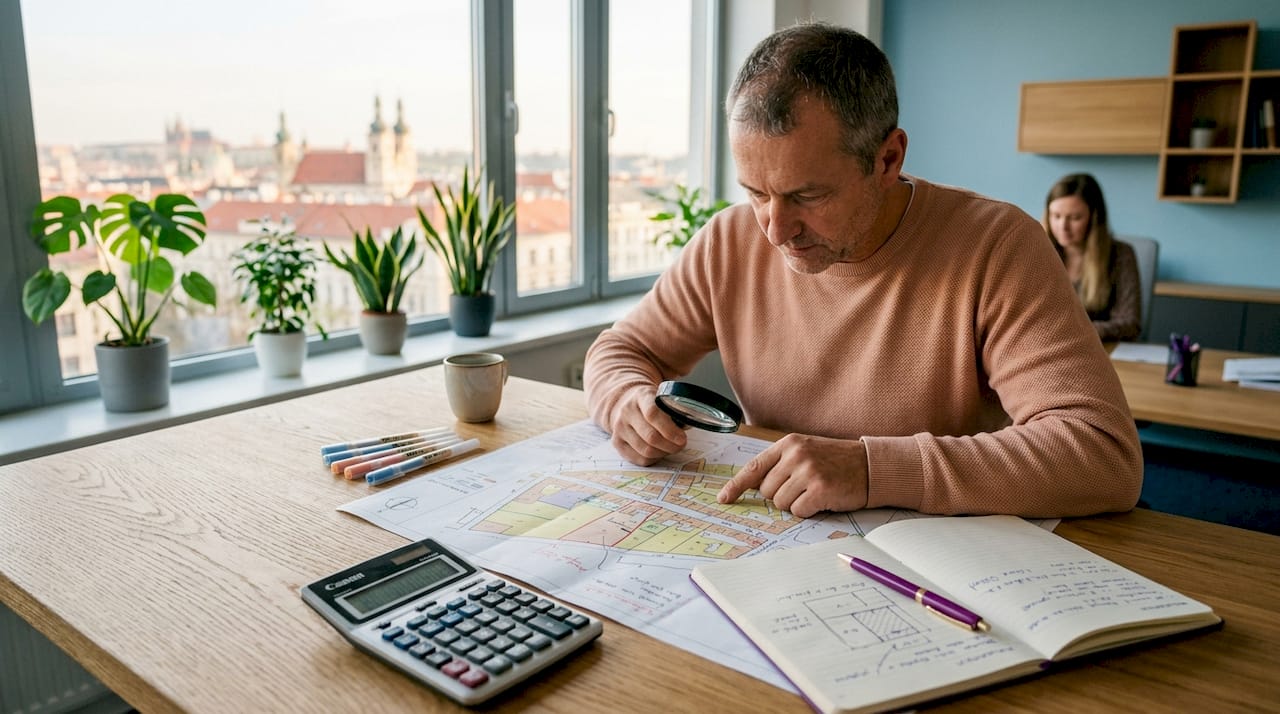Ruce pečlivě zkoumají různé způsoby ocenění pozemků přímo nad rozloženými mapami.