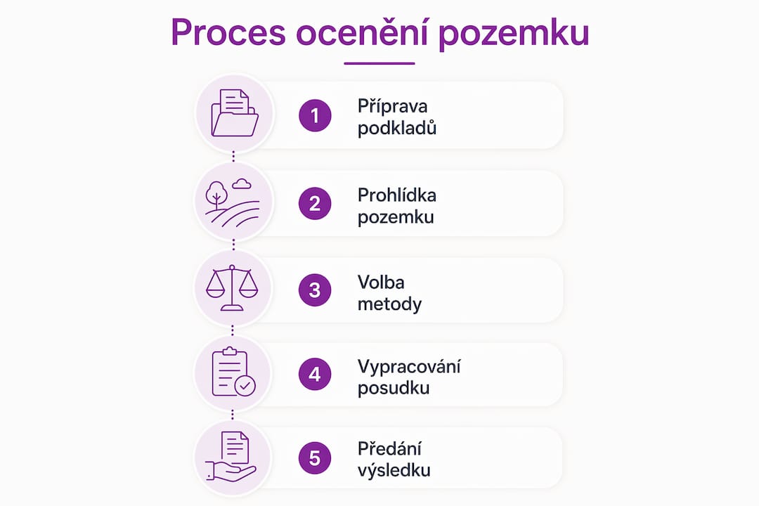 Přehledný obrázek, který krok za krokem vysvětluje, jak správně určit hodnotu pozemku