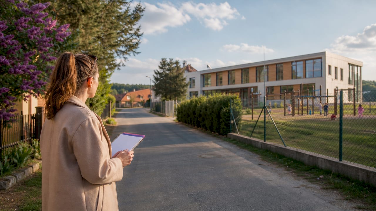 Architekt provádí prohlídku venkovních školních a sportovních areálů.