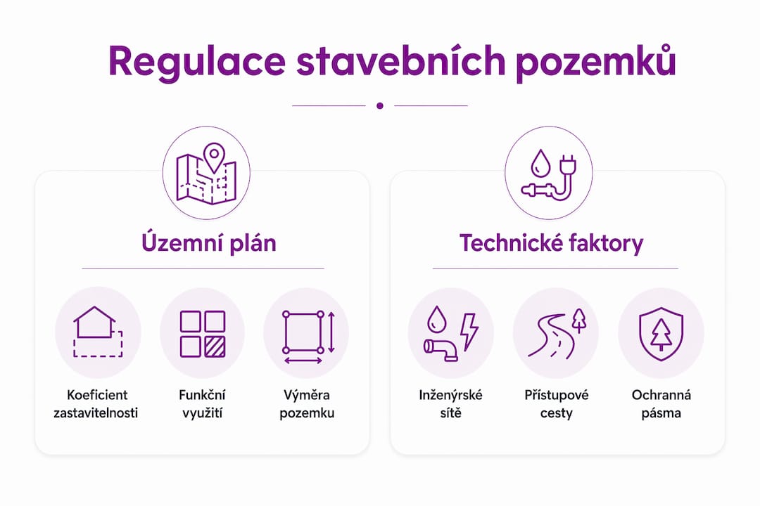 Přehledná infografika o pravidlech a omezeních pro stavební parcely