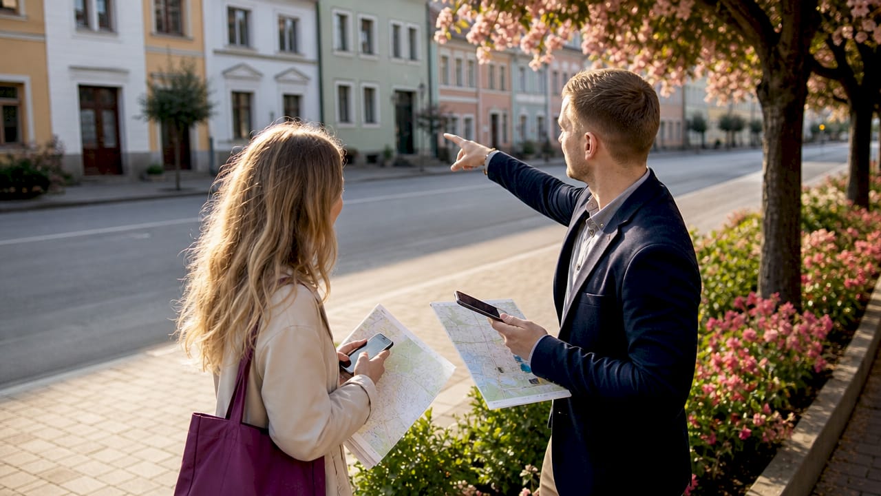 Ráno si realitní makléř povídá s klientem venku o okolí.