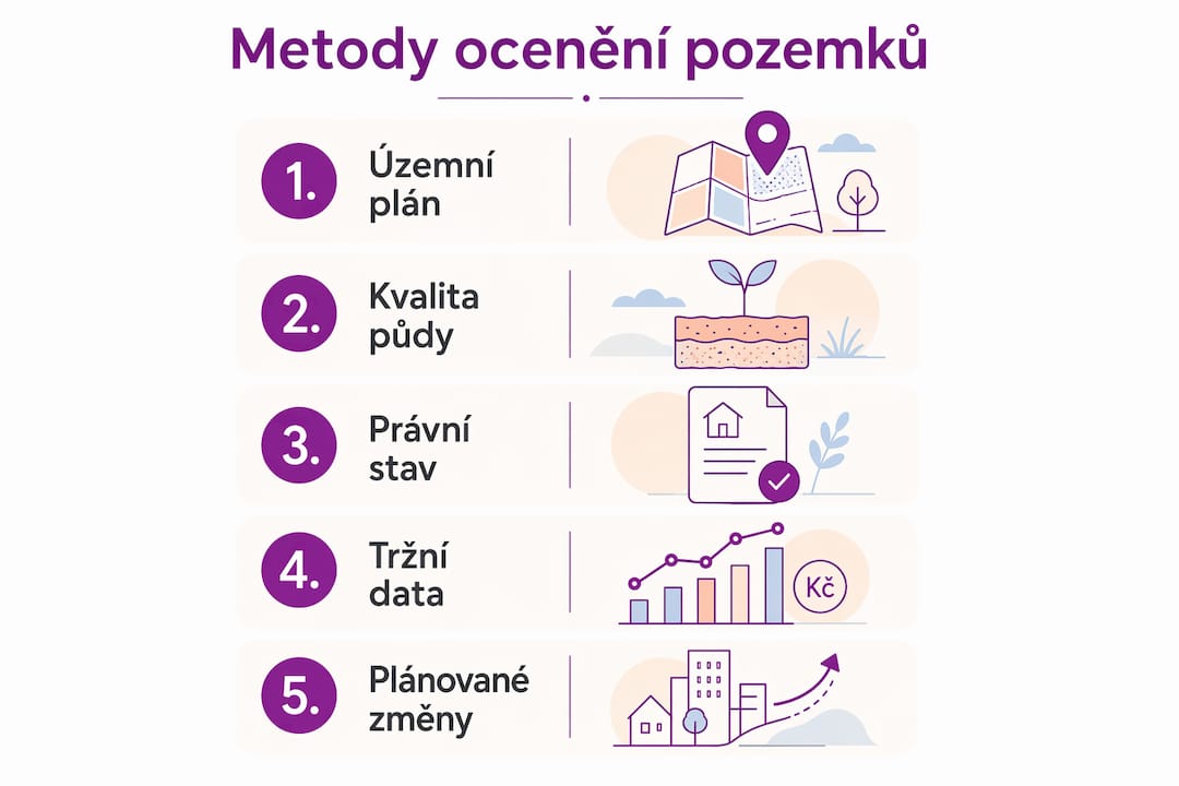 Přehledná infografika, která ukazuje klíčové faktory ovlivňující ceny pozemků v České republice.