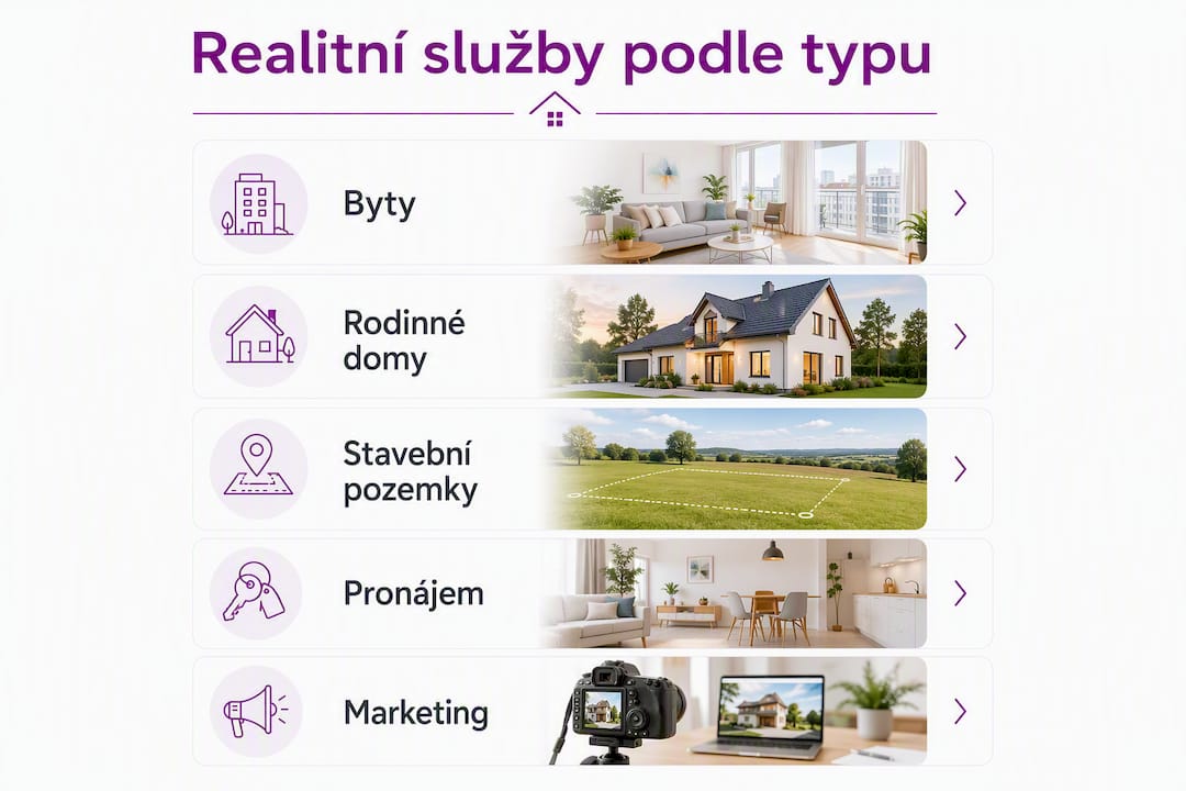 Přehledná infografika znázorňuje, jak probíhá spolupráce s realitní kanceláří v závislosti na typu zakázky.