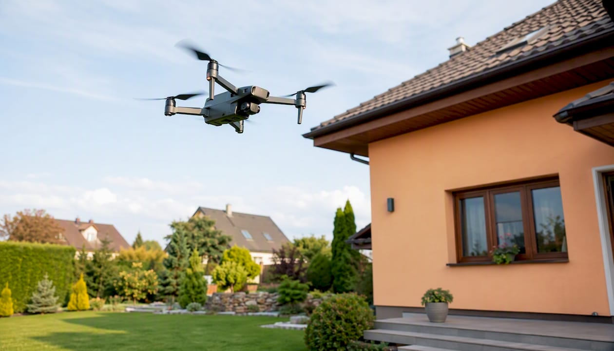Nad zahradou rodinného domu v předměstí létá dron.