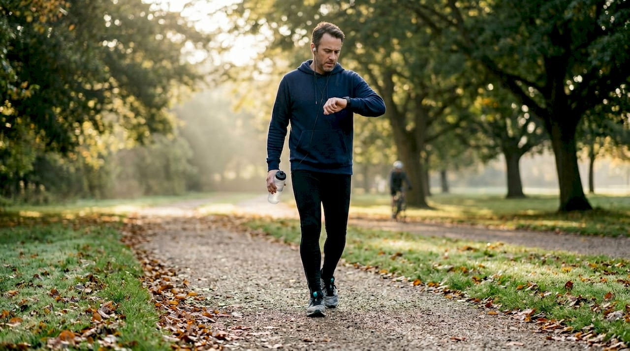 Man walking for energy in city park