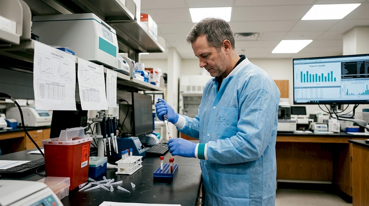 Lab worker preparing blood vial for vitamin test