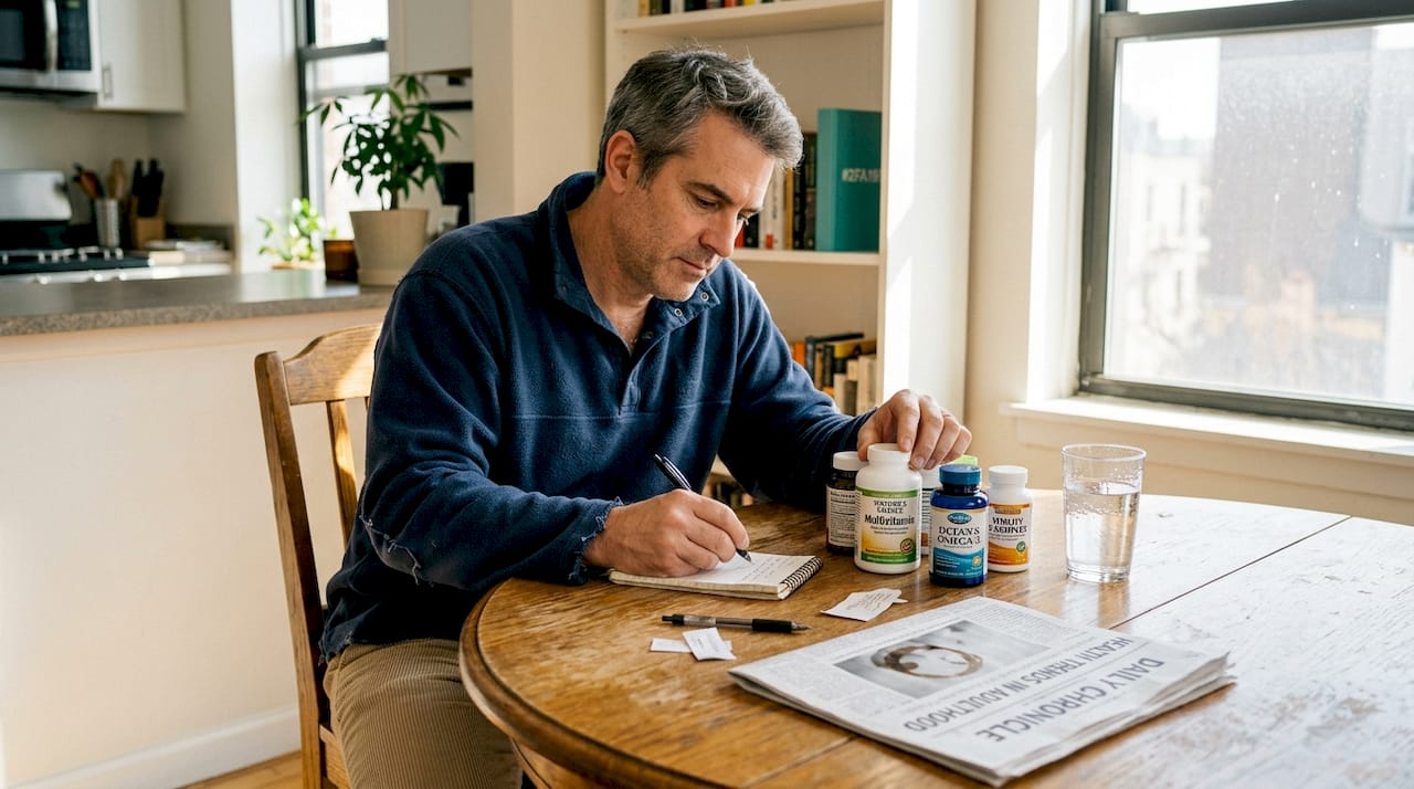 Man planning his anti-aging supplement routine