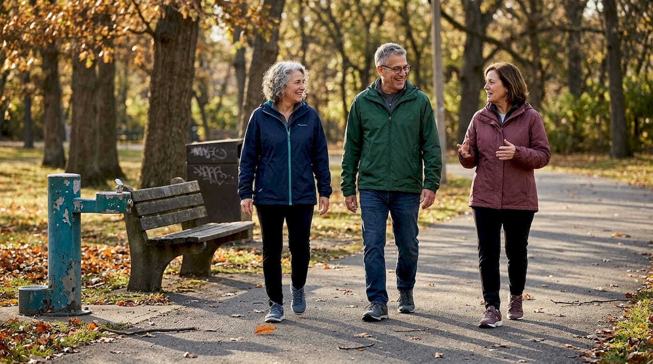 Older adults walking socially in park setting